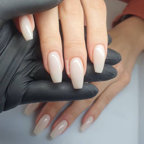 Brown Milky Nails, Beige Milky Nails, Ballerina Milky White Nails, Ballerina Nails Vs Coffin, Short Coffin Milky White Nails, White Nails Acrylic Ballerina, Milky Ballerina Nails, Milky Beige Nails, Milky Brown Nails