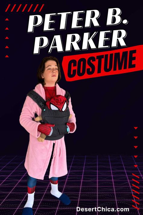 Join the Spider-Verse with an easy DIY Peter B. Parker costume from 'Across the Spider-Verse'! Grab your Spider-Man suit, pink robe, blue slippers, and baby carrier. Swing into action this Halloween! #SpiderVerse #HalloweenCostume #DIY Spiderverse Costumes, Peter B Parker Spiderverse, Blue Converse Shoes, Peter B Parker, Spider Party, Long Green Jacket, Spider Man Suit, Spider Man Costume, Low Top Tennis Shoes