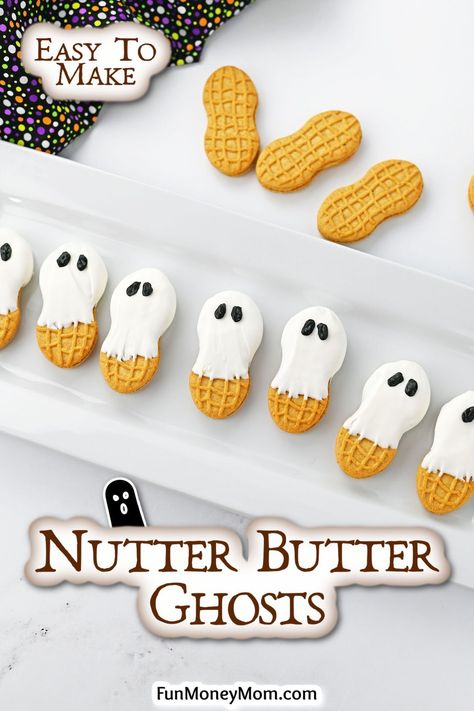 Ghost Nutter Butters, Holloween Treats For Kids, Kids Halloween Treats To Make, Butter Butter Ghosts, Nutter Butter Halloween Treats, Ghost Nutter Butter Cookies, Nutter Butter Ghosts Halloween Treats, Halloween Pretzel Bites, Nutter Butter Ghosts