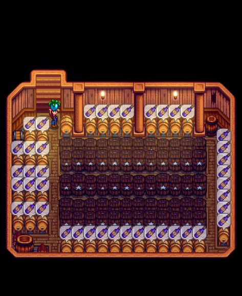 stardew valley cask and keg organization and layout slay hot Sdv Storage Shed, Stardew Valley Cask Layout, Stardew Valley Library Room, Basement Stardew Valley, Stardew Organization, Stardew Valley Storage Ideas, Keg Stardew Valley, Stardew Crop Set Up, Stardew Wine Cellar