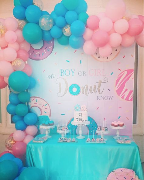 Candyland Theme Gender Reveal, Brunch Theme Gender Reveal, Gender Reveal Idea Themes, Doughnut Gender Reveal Party, Gender Reveal Ideas Donut Theme, Donut Know Gender Reveal, Candy Themed Gender Reveal, Gender Reveal Summer Theme, We Donut Know What It Is Gender Reveal Decoration