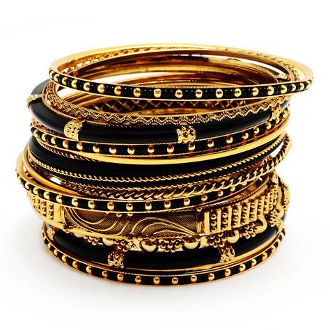 18 piece gold-tone or silver-tone brass bangle set with enamel detailing. Black Gold Jewelry, Trending Bracelets, Brass Bangle, Amrita Singh, The Bangles, Bangle Bracelet Set, Bangles Indian, Bangles Jewelry Designs, Bangle Designs