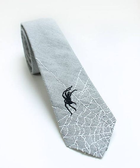 Who dares to wear this tie with spider web and spider? Surprise your office colleagues and send them a shudder over their backs when they suddenly perceive a spider on your necktie. Funny embroidery on a narrow, gray cotton tie. Hand embroidered. Embroidery On Gray Fabric, Tie Designs Men, Spiderweb Embroidery, Tie Embroidery, Dyed Clothes, Spider Embroidery, Office Colleagues, Funny Embroidery, Bday Wishlist