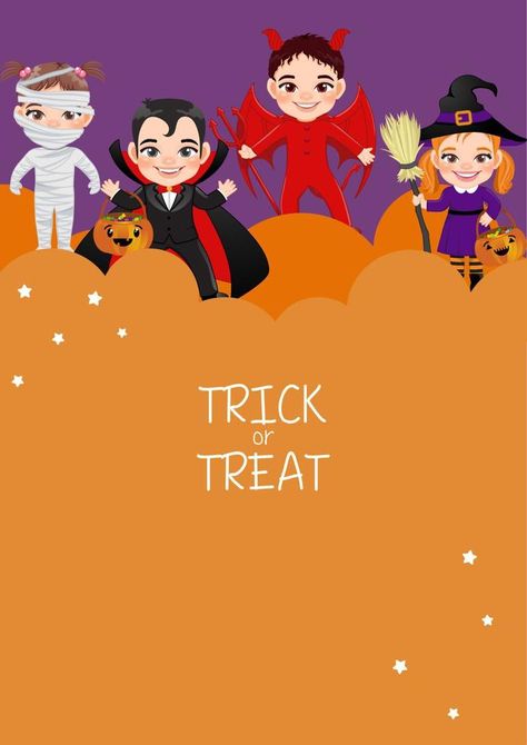 Halloween party invitation template card with kids in Halloween costumes vector Halloween Costumes Kids, Costumes Kids, Halloween Party Invitation, Halloween Party Invitations, Infographic Design, Trick Or Treat, Kids Party, Halloween Party, Party Invitations