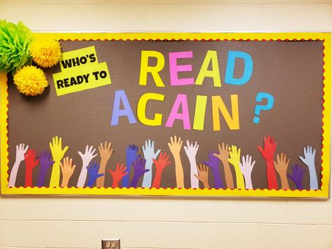 Great board to welcome students back to the school library. Welcome To The Library, School Library Bulletin Boards, School Book Fair, School Library Displays, Library Bulletin Board, Library Book Displays, Book Displays, Library Boards, Welcome Students