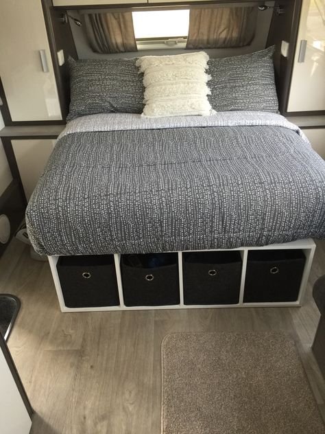 Rv Living Storage Ideas, Camper Bedroom Storage, Camper Closet Storage Ideas, Rv Clothing Storage Ideas, Camper Living With Kids, Camper Bedding, Camper Storage Ideas Travel Trailers, Camper Organization Rv Living, Under Bed Organization