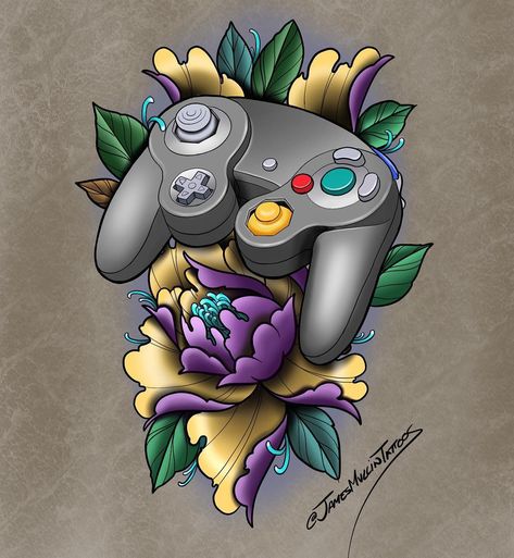 Traditional Video Game Tattoo, Smash Bros Tattoo, Controller Tattoo, Nintendo Tattoo, Game Tattoo, Rocket Tattoo, Gamer Stuff, Gamecube Controller, Video Game Tattoo