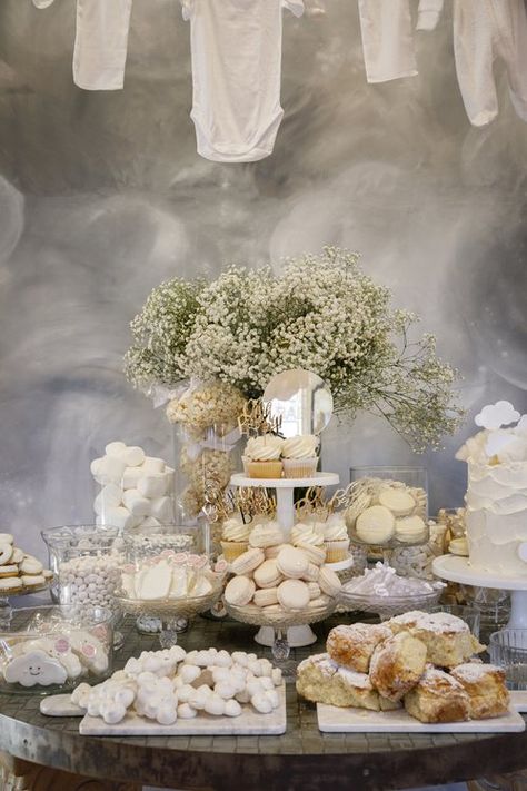 Cloud Theme Food Ideas, Gender Reveal At Wedding Reception, Cloud Nine Decorations, All White Food Ideas, Cloud Theme Engagement Party, Cloud Nine Dessert Table, Engagement Party Cloud 9, Bridal Shower Cloud Theme, Cloud Nine Shower Theme