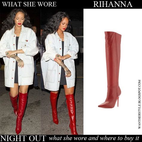 Rihanna in red leather over the knee boots Christian Louboutin Armurabotta with denim oversized jacke Want Her Style #rihanna #boots #fashion #red #leather #outfit Red Long Boots Outfit, Red Over The Knee Boots Outfit, Long Red Boots Outfit, Fall Outfits With Red Boots, Red Patent Leather Boots Outfit, Blazer And Over The Knee Boots, Styling Red Boots, How To Style Red Boots, Over The Knee Boot Outfit 2023