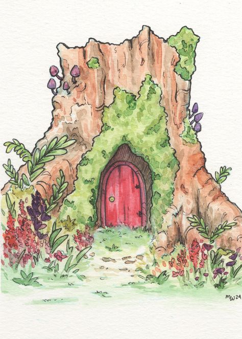 Art Print of an Original Watercolor Painting.  Printed on Red River Polar Matte Paper.  Three Sizes Available: .: 8 x 10 inch .: 5 x 7 inch .: 4 x 6 inch Colors and texture variation from monitor to real life is to be expected. Cottagecore Door, Baby Shower Art, Lotr Art, Painting Paper, Landscape Art Painting, Halloween Drawings, Watercolor Landscape Paintings, Color Paper, Red River