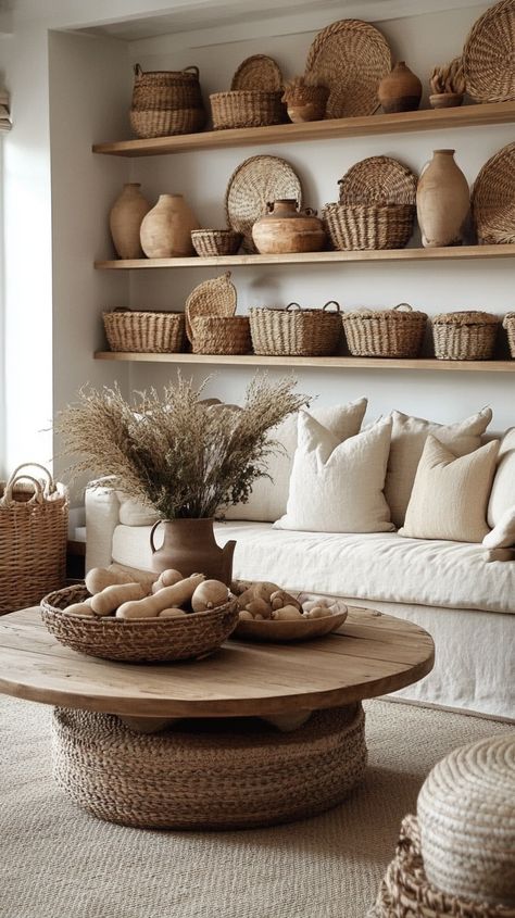 Cozy living room with rustic wooden shelves, linen sofa, natural wood coffee table, and earthy decor in calming tones. Beige Earthy Living Room, Earthy Coastal Living Room, Living Room Decor Earthy, Earth Living Room, Earthy Boho Living Room, Earth Tones Living Room, Earth Tone Home, Earthy Living Room Ideas, Cozy Earthy Living Room