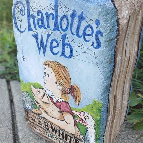 Acrylic Book cover painting on Brick Charlotte's Web Book, Brick Books, Painted Bricks, Paint Rocks, Charlotte's Web, My Library, Paint Rock, Garden Painting, Free Library