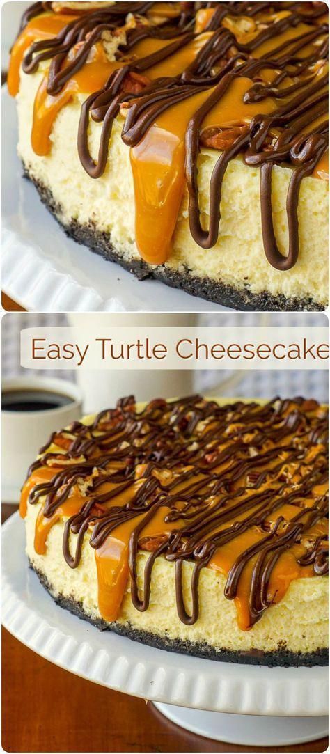 Turtle Cheesecake Recipes, Turtle Cheesecake, Thanksgiving Desserts Easy, Diy Easy Recipes, Gooey Caramel, Vanilla Cheesecake, Caramel Cheesecake, Easy Cheesecake Recipes, Crinkle Cookies