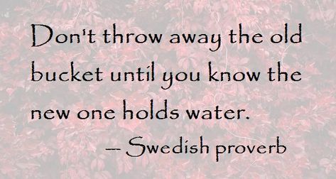 Don't throw away the old bucket until you know the new one holds water. - Swedish proverb Old Proverbs, Yiddish Proverb, Russian Proverb, Indian Proverbs, American Proverbs, Viking Quotes, Old Bucket, Proverbs Quotes, Interesting Quotes