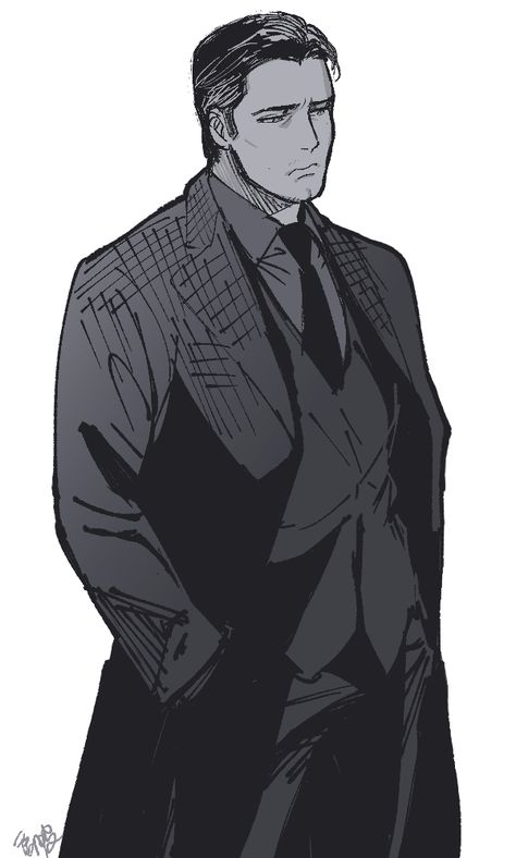 Businessman Art Character, Bruce Wayne Drawing, Detective Oc Art, Mob Boss Character Design, Mafia Men Art, Man In Suit Art, Bruce Wayne Art, Mafia Character Design, Anime Character Design Male