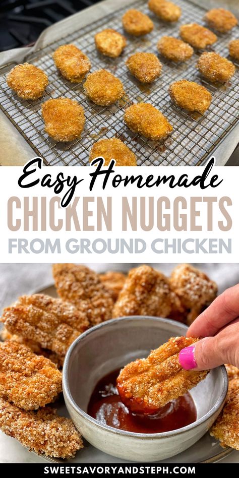 Everyone loves these easy homemade chicken nuggets from ground chicken. Make a batch of homemade chicken nuggets to throw into the air fryer or oven for a quick healthy protein to serve alongside your favorite sides, or to top a salad. Even adults will love these homemade chicken nuggets, and they're perfect for meal prep, too! Ground Turkey Chicken Nuggets, Easy Diy Chicken Nuggets, Chicken Nuggets From Ground Chicken, Chicken Nuggets Recipe Baked, Homemade Chicken Nuggets Air Fryer Ground Chicken, Chicken Nugget Recipes Ground Chicken, Turkey Nuggets Baked, Ground Turkey Nuggets Air Fryer, Ground Chicken Nugget Recipes