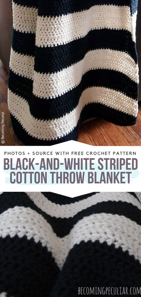 Black-And-White Striped Cotton Throw Blanket Free Crochet Pattern Black And White Blanket Crochet Afghan Patterns, Black And White Knitted Blanket, Crochet Black And White Blanket, Crochet Black Blanket, Black White Crochet Blanket, Black And White Crochet Blanket, Black And White Afghan, White Crochet Ideas, Cotton Blanket Crochet