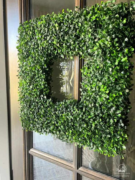 Diy Boxwood Wreath, Diy Square Wreath, Diy Square Wreaths For Front Door, Boxwood Wreaths For Front Door, Square Boxwood Wreath, Square Wreaths For Front Door, Boxwood Wreath Ideas, Boxwood Wreath With Ribbon, Square Wreath Ideas Diy