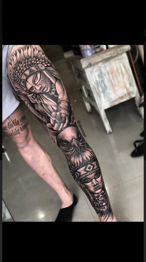 Skeleton Leg Sleeve Tattoo, Indian Style Tattoos, Mandala Tattoo Mann, Leg Band Tattoos, Tatuaje Trash Polka, Warrior Tattoo Sleeve, Best Leg Tattoos, Native American Tattoo, Full Leg Tattoos