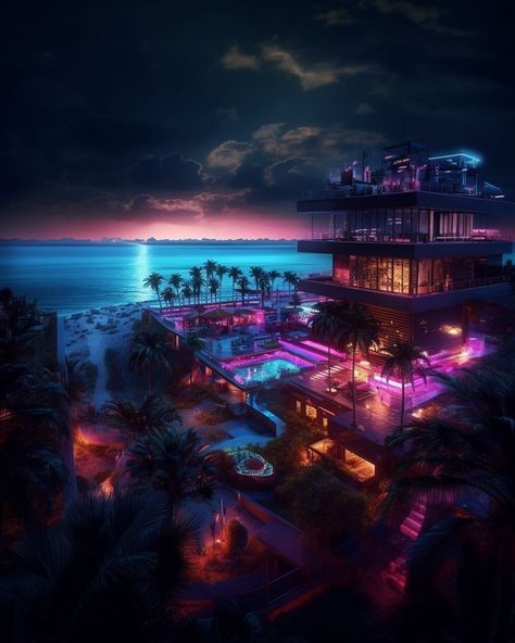 Cyberpunk Nightclub, Cyberpunk Beach, Cyberpunk Theme, Synthwave Neon, Night Wallpapers, Lofi Vibes, Sci Fi Landscape, Neon Noir, Aesthetic Galaxy