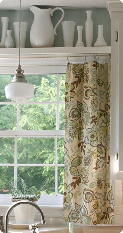 10 Easy & Inexpensive Kitchen Ideas Kitchen Sink Window, Kitchen Window Curtains, Window Shelves, Kitchen Window Treatments, Nate Berkus, Cafe Curtains, Kitchen Doors, Kitchen Redo, Farmhouse Sink