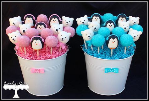 Winter Gender Reveal Cake Pops  - Cake by Cuteology Cakes Food Gender Reveal, Bows Or Arrows Gender Reveal, Yas Pasta, Winter Gender Reveal, Gender Reveal Cake Pops, Polar Bear Party, Gender Reveal Photography, Penguin Baby Showers, Mini Meringues