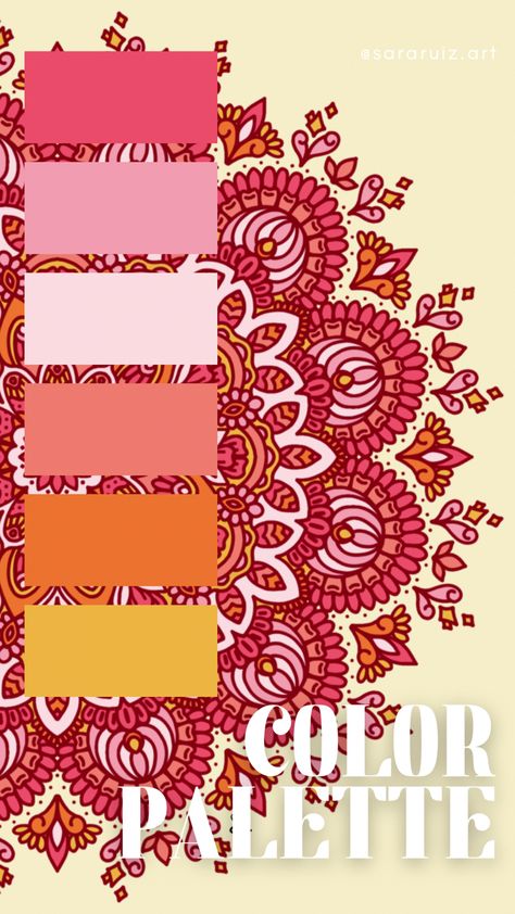 Art and color palette by Sara Ruiz Bohemian Pallete Colour, Color Palette Mandala, Mandala Palette, Mandala Color Palette, Mexican Color Scheme, Mandela Ideas, Pink And Yellow Color Palette, Mexican Color Palette, Colour Template