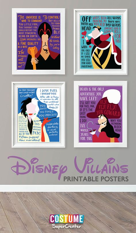 Evil Disney Villain Quotes | Costume Supercenter Blog Disney Villans Printables, Disney Villain Quotes, Disney Villain Party Decorations, Evil Disney Characters, Disney Villains Quotes, Villain Party, Free Printable Posters, Villain Disney, Disney Villain Party