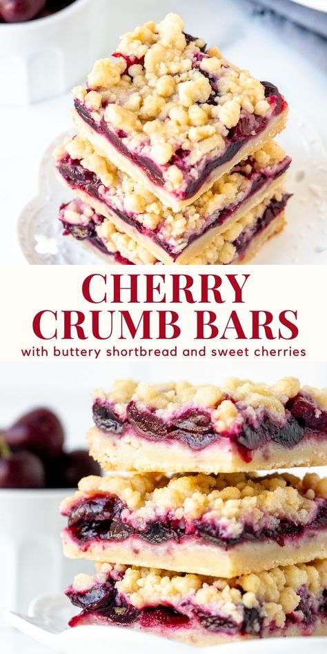 These cherry crumb bars have a buttery shortbread base, a thick layer of sweet cherries and a crumb topping. Perfect served cold from the fridge or with a scoop of ice cream #cherry #crumbbars #cheries #freshcherries #summer from Just So Tasty https://www.justsotasty.com/cherry-crumb-bars/ Cherry Crumb Bars, Cherry Jubilee Dessert Recipes, Dark Cherry Dessert Recipes, Cherry Shortbread Bars, Frozen Sweet Cherry Recipes, Dried Sweet Cherries Recipe, Cherry Cream Cheese Bars, Baking With Cherries, Cherry Baking Recipes