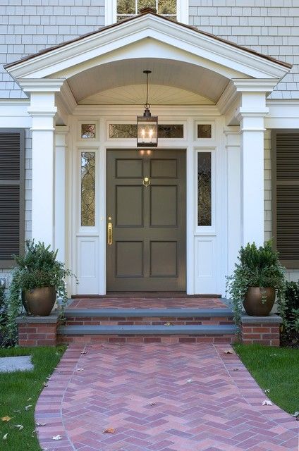 Front Porch Ideas For Colonial House, Arch Front Porch Entrance, Front Door Columns Entrance, Portico Addition Before And After, Portico Ideas Entrance, Portico Column Design, Colonial With Portico, Colonial Entryway Exterior, Front Door Portico Ideas Entrance