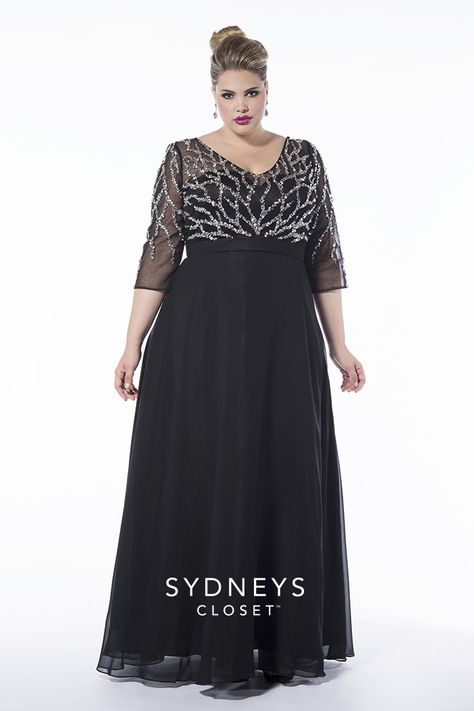 Sydney's Closet black evening gown with embellished illusion netting and 3/4 sleeves Plus Formal Dresses, Mother Of The Bride Plus Size, Plus Size Evening Gown, Evening Gowns With Sleeves, Plus Size Gowns, Plus Size Prom, Plus Size Formal Dresses, Evening Dresses Plus Size, Dresses Plus Size