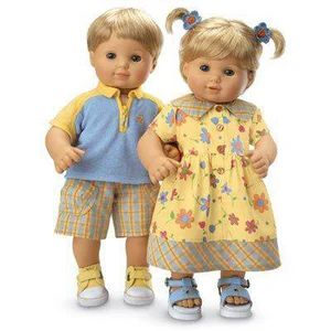 Bitty Twins Sunny Day Outfits | American Girl Wiki | Fandom Sunny Day Outfit, Yellow Flower Print Dress, Twin Outfit, Bitty Baby American Girl, Bitty Baby Clothes, Bitty Twins, Boy Girl Twins, Baby Doll Pattern, Pleasant Company