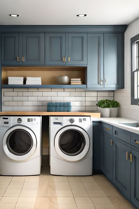 How to Decorate a Fun Laundry Room Blue Cabinets With White Countertops, Laundry Room Wall Paint, Decorate A Laundry Room, Cabinets With White Countertops, Fun Laundry Room, Blue Laundry Room, Room Wall Paint, Elegant Laundry Room, Organized Laundry Room