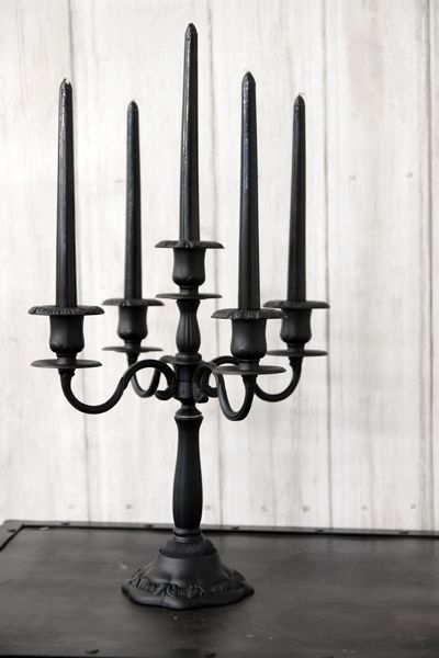 Black Candelabra - With Candles Black Candleabra Ideas, Black Candelabra Centerpiece, Two Living Room Ideas, Candleabra Ideas, Gothic Candelabra Centerpiece, Candle Centerpieces Wedding Goth, Gothic Candle Aesthetic, Black Candelabra, Gothic Candle Holders Vintage