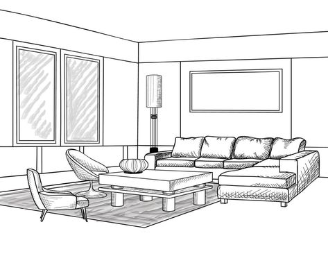 Sofa Illustration, Perspective Sketches, Room Sketch, Croquis Architecture, Perspective Room, Living Room Drawing, Furniture Drawing, Drawing Room Design, Drawing Furniture