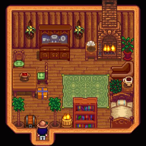 Stardew Valley Small House Interior, Stardew Valley Guest House, Stardew Valley Cabin, Stardew Design, Stardew House, Stardew Valley Layout, Stardew Valley Tips, Stardew Valley Farms, Cabin Interior Design