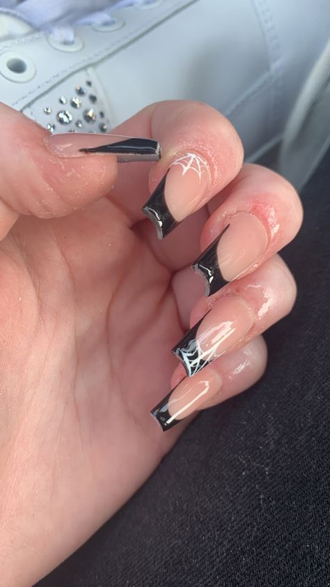 Cobweb French Tip Nails, Black French Halloween Nails, Black French Tip Halloween Nails, Cobweb Nails, Black French Nails, Black Coffin Nails, Black French Tips, Black Acrylic Nails, Hello Nails