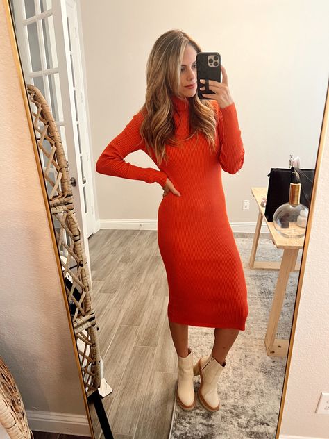 Knit Dress Outfit, Orange Knit Dress, Knitted Dress Outfit, Midi Knit Dress, Red Knit Dress, Red Midi, Orange You Glad, Sweater Dresses, Ribbed Knit Dress