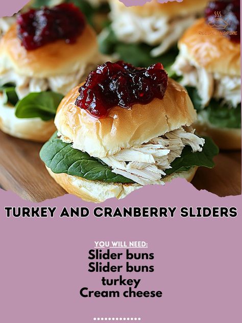 These Turkey and Cranberry Sliders are the ultimate bite-sized treat for your holiday gatherings! 🎉❤️ #ThanksgivingSliders Turkey and Cranberry Sliders Ingredients: Cooked turkey (2 cups, shredded) Cranberry sauce (1/2 cup) Slider buns (8) Cream cheese (4 oz) Spinach (1 cup, fresh) Salt and pepper (to taste) Instructions: Preheat oven to 350°F (175°C). Mix shredded turkey with cranberry sauce, season with salt and pepper. Spread cream cheese on each slider bun. Layer with turkey mixture a... Cranberry Sliders, Turkey And Cranberry, Shredded Turkey, Slider Buns, Cooking Turkey, Cranberry Sauce, Holiday Gathering, 2 Cups, 1 Cup