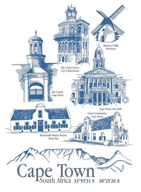 Cape Town Historic Places. Line drawings Cape Town Illustration, Cape Town Drawing, Cape Town Tattoo, Cape Town Art, Cape Town Photography, Town Drawing, Skyline Drawing, Embroidery Business, City Collage