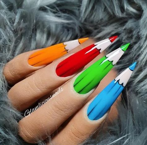 Looking for activities while #socialdistancing? How about coloring your nails?   Nails by @Glamliciousnails   UPLOAD YOUR NAILART TO NAILSTYLE.COM to be featured!    #stilettonails #longnails #pointynails #fierce #slay #naildesign #californiavibes #californiadreamin #stamping #stampednails #freeehand #handpainted #nailsnailsnails #nailart #nailjunkie #nailedit #nailsobsessed #nailswag Stiletto Nails Art Designs, Cartoon Nail Art, Long Stiletto Nails, Pointy Nails, Stiletto Nail Art, Nails Art Designs, Long Stiletto, Beauty Nails Design, Exotic Nails