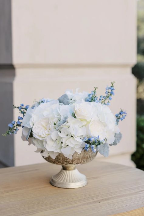 White Floral Arrangements, Blue Centerpieces, Return Labels, After The Wedding, Hydrangea Garden, Before The Wedding, Blue Wedding Flowers, Dusty Miller, The Venetian