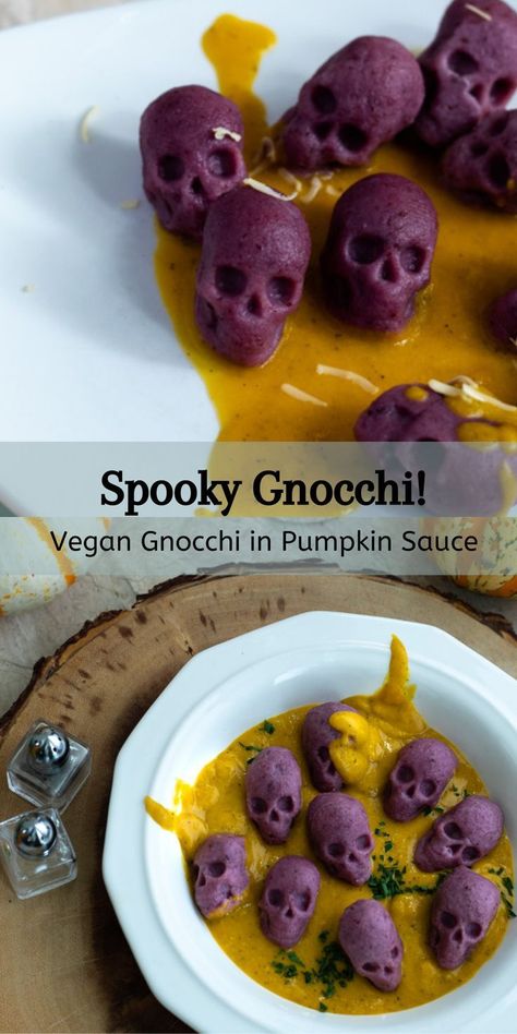 Vegan Halloween Recipe, Shaped Gnocchi, Vegan Gnocchi, Funky Food, Creepy Creatures, Halloween Foods, Pumpkin Sauce, Spooky Food, Purple Potatoes