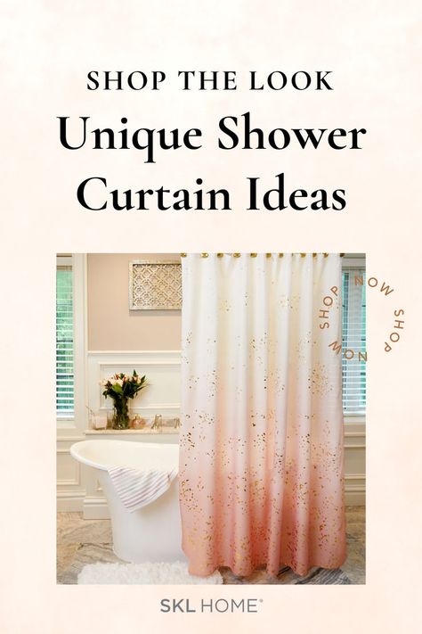 Need a unique shower curtain to add to your small bathroom, master bathroom, guest bathroom or kids' bathroom? Shop SKL Home's bathroom shower curtain ideas for any home decor style. This pin features SKL Home's splatter curtain a pretty pink bathroom shower curtain for a girly bathroom decor idea. This blush shower curtain features gold accents to create a glam decor look. Unique Shower Curtain Ideas, Fancy Shower Curtains, Cottage Bathroom Decor, Girly Bathroom Decor, Types Of Home Decor Styles, Shower Curtain Ideas, Shower Curtain Pink, Trendy Shower Curtain, Girly Bathroom