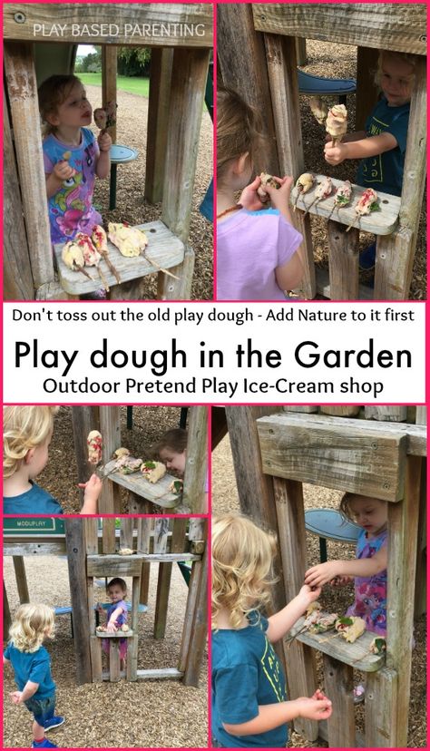 Play Dough Outdoors just add Nature - Ice Cream Shop Role Play Outdoor Dramatic Play, Risky Play Activities For Preschoolers, Seaside Role Play Eyfs, Role Play Ice Cream Shop, Garden Centre Role Play, Ice Cream Parlour Role Play, Playdough Ice Cream Shop, Nature Based Play, Play Ice Cream