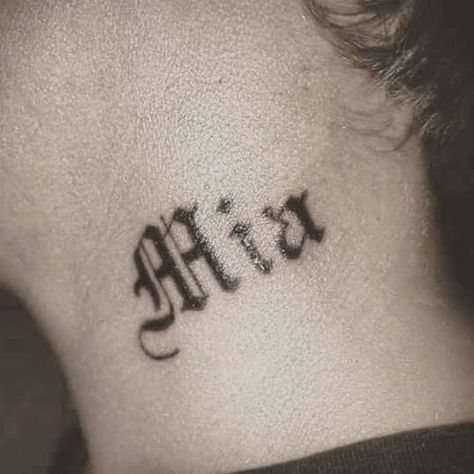 Old English Neck Tattoo, Mia Name Tattoo, Neck Tattoo Text, Mia Tattoo Name, Tatto Name, Mia Tattoo, Tattoo Text, Old English Names, Music Tattoo