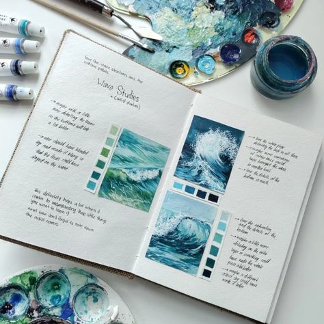 Art Study Journal, Hype Drawings, Visual Journal Ideas, Gauche Paint, Aesthetic Watercolor, Watercolor Wave, Gcse Art Sketchbook, Watercolor Journal, Sketchbook Art Journal