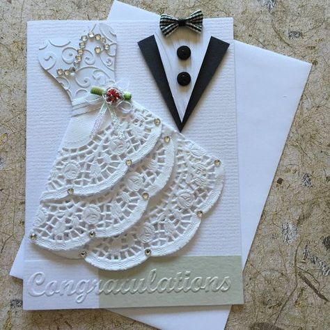 Homemade Wedding Cards, Handmade Wedding Card, Doily Wedding, Homemade Wedding, Dress Card, Wedding Cards Handmade, Wedding Anniversary Cards, Creative Cards, Handmade Wedding