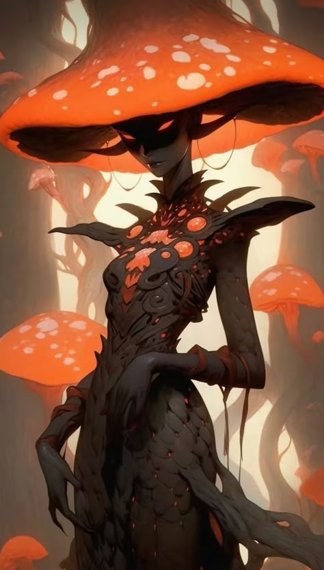 Gau (Red Cap) Mushroom Goddess Art, Myconid Character Art, Mushroom Druid, Mushroom Character Design, Mushroom Fantasy Art, Toga Twice, Fey Creatures, Mushroom Woman, Dabi Toga