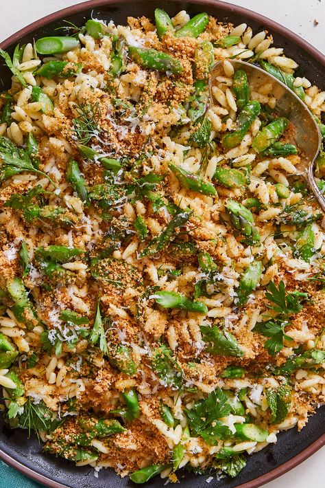 Lemony Orzo With Asparagus and Garlic Bread Crumbs Recipe - NYT Cooking Orzo With Asparagus, Orzo Asparagus, Asparagus Orzo, Lemony Orzo, Bread Crumbs Recipe, Lemon Orzo, Orzo Recipes, Nyt Cooking, Asparagus Recipe